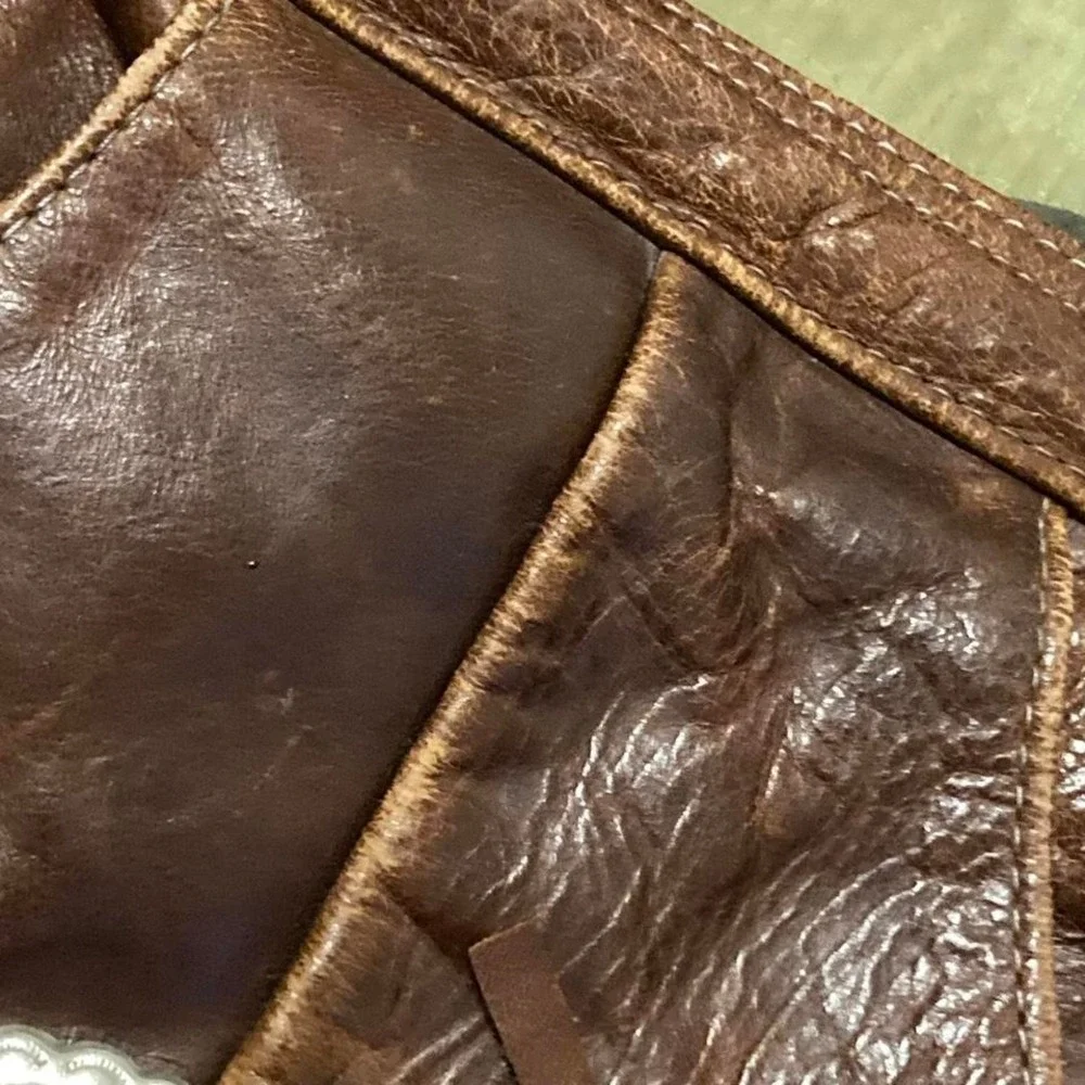 Brown leather western fringe shoulder bag brooch Mexico boho